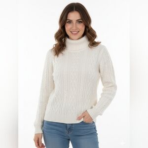 Wainscott 100% Cotton White Cablw Knit Turtleneck Sweater Preppy Size LP‎